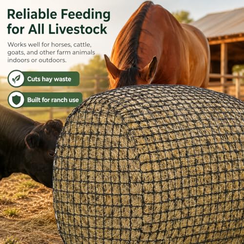 6x6 ft Round Bale Hay Net for Horses & Livestock - Slow Feeder Hay Net with 2 inch Mesh, Knotless Design, Durable Heavy-Duty (6 * 6 ft)