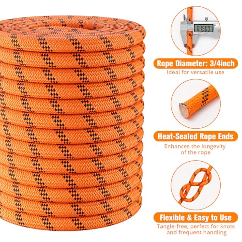 Double Braided Arborist Rigging Rope - 3/4 in X 220 ft 24 Strands Rappelling Outdoor Pulling Heavy Duty Polyester Bull Rope for Swing Tree Work Camping Rescue Hiking Logging - Orange - color: Orange, size: 3/4 inch X 220ft