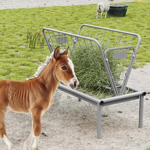 Kojem 4 Ft Long Livestock Feeder, Heavy Duty Steel Livestock 2 in 1 Grain & | Hay Feeder, Outdoor Pasture Feeder with Feeding Pan for Goats, Sheep,Ponies, Cow, Horse for Farms, All Weather Feeder
