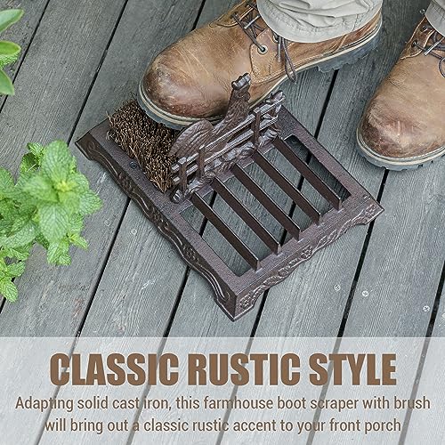 FARM IN Farmhouse Shoe Brush Scraper Outdoor Rustic Heavy Duty Cast Iron Boot Scraper with Brush for Home Porch Garden with Barn Rooster Design