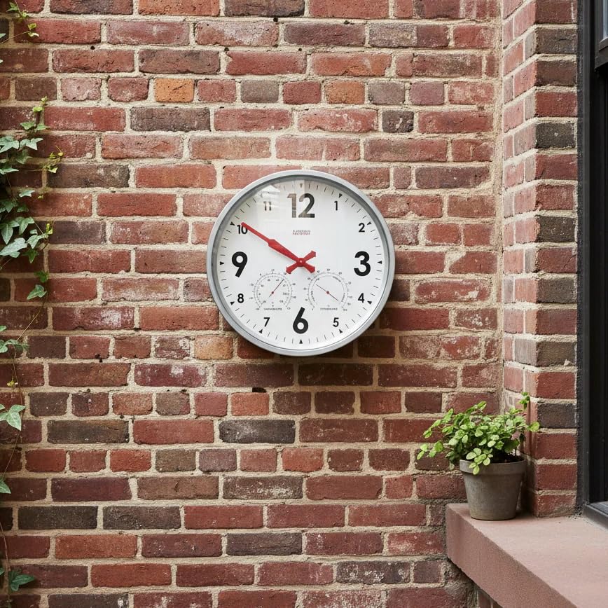 Cloudnola Indoor Outdoor Waterproof Metal Wall Clock with Thermometer and Hygrometer, Zinc Gray, 12 inch Silent Non-Ticking Battery Operated Quality Quartz Round Clock for Patio and Home Decor