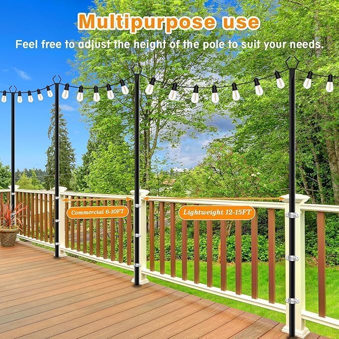 LETIANPAI 10Ft String Light Poles 2 Pack,Light Poles for Outside Lights,Outdoor with Fence Brackets Hanging Lights,Metal Stand Deck Patio Backyard - size: 2 Pack 10FT