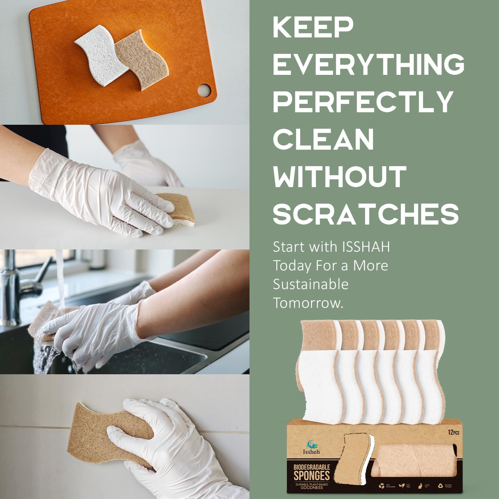 Isshah Natural Kitchen Scrub Sponges for Dishes - S-Shaped - 12 Count | FSC certified, PETA approved. Plant-Based, Non Scratch, Compostable, Non Toxic S-Shaped Natural Sponges for Dishes