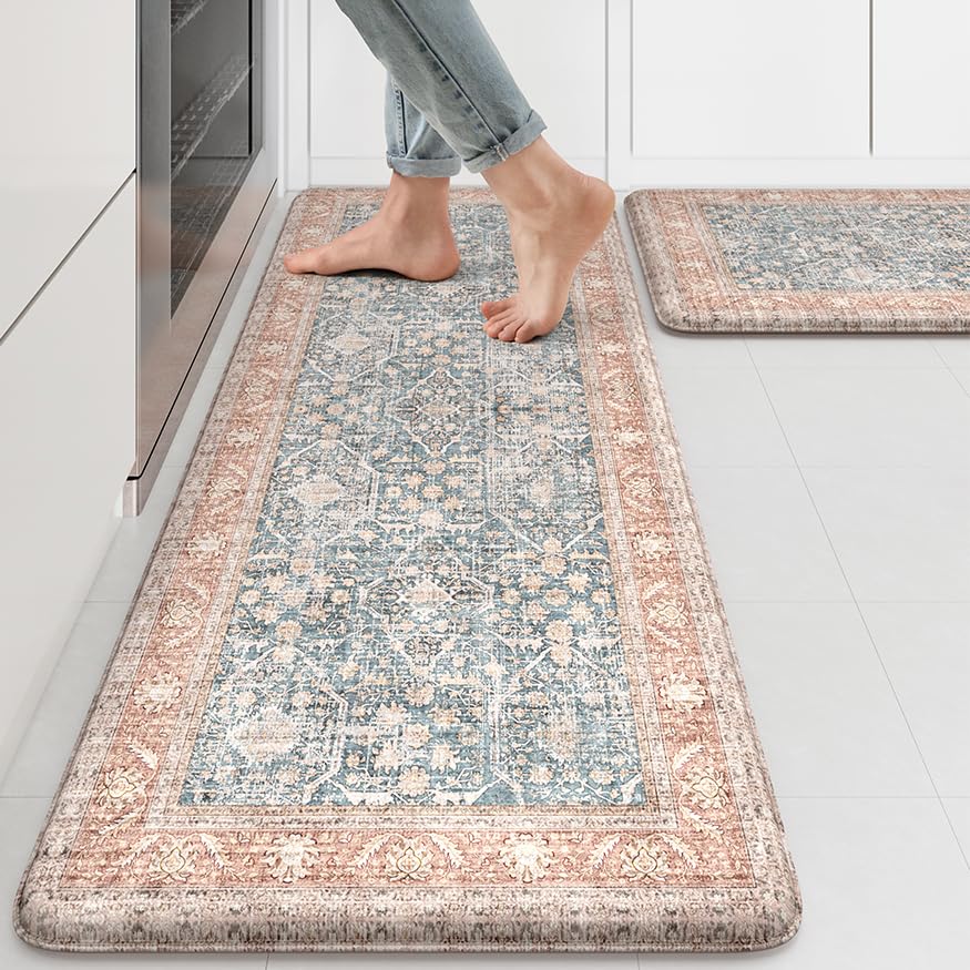 KIMODE Anti Fatigue Kitchen Mat,Farmhouse Kitchen Rug Sets of 2 Orange Blue | Non Slip Waterproof Vintage Kitchen Floor Mats,Cushioned Comfort Standing Mat for Sink,Desk,Laundry,Office,Apartment - color: Orange/Blue, size: 17.3" x 47"+17.3" x 29"--0.47 in