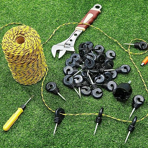 Sweetude 660 Feet Electric Fence Polywire and 100 Pcs Electric Fence Insulator with 1 Pcs Insulator Socket Tool Resistant Glove Electric Fence 6 Stainless Steel Strands for Fence Landowner Farmer