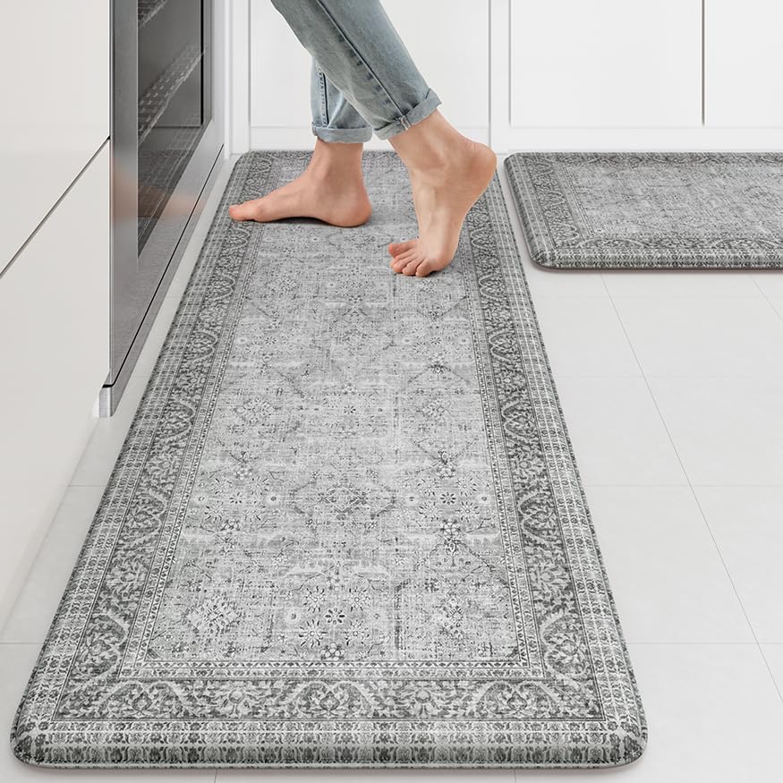 KIMODE Anti Fatigue Kitchen Mat 2PCS,Waterproof Farmhouse Kitchen Rugs Grey | Boho Vintage Kitchen Mat for Floor Non-Slip,Cushioned Comfort Foam Standing Mat for Laundry,Office,Sink,Desk,Dormitory - color: Grey, size: 17.3" x 47"+17.3" x 29"--0.47 inches