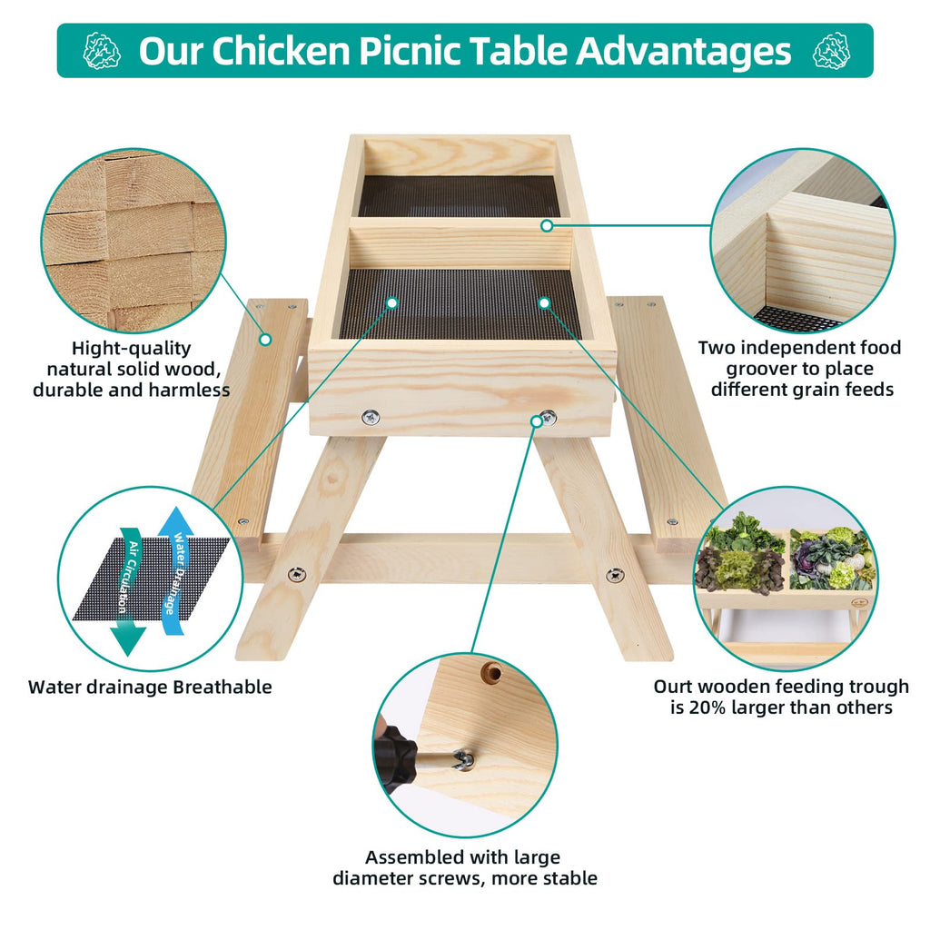 Chicken Picnic Table No Waste, Large Chicken Feeder Handmade Wooden, DIY Chicken Table Feeder Kit, Wild Bird, Duck & Squirrel Feeders No Mess, Mesh Bottom Keep Food Fresh and Dry Easy to Clean Fill - color: Natural Solid Wood