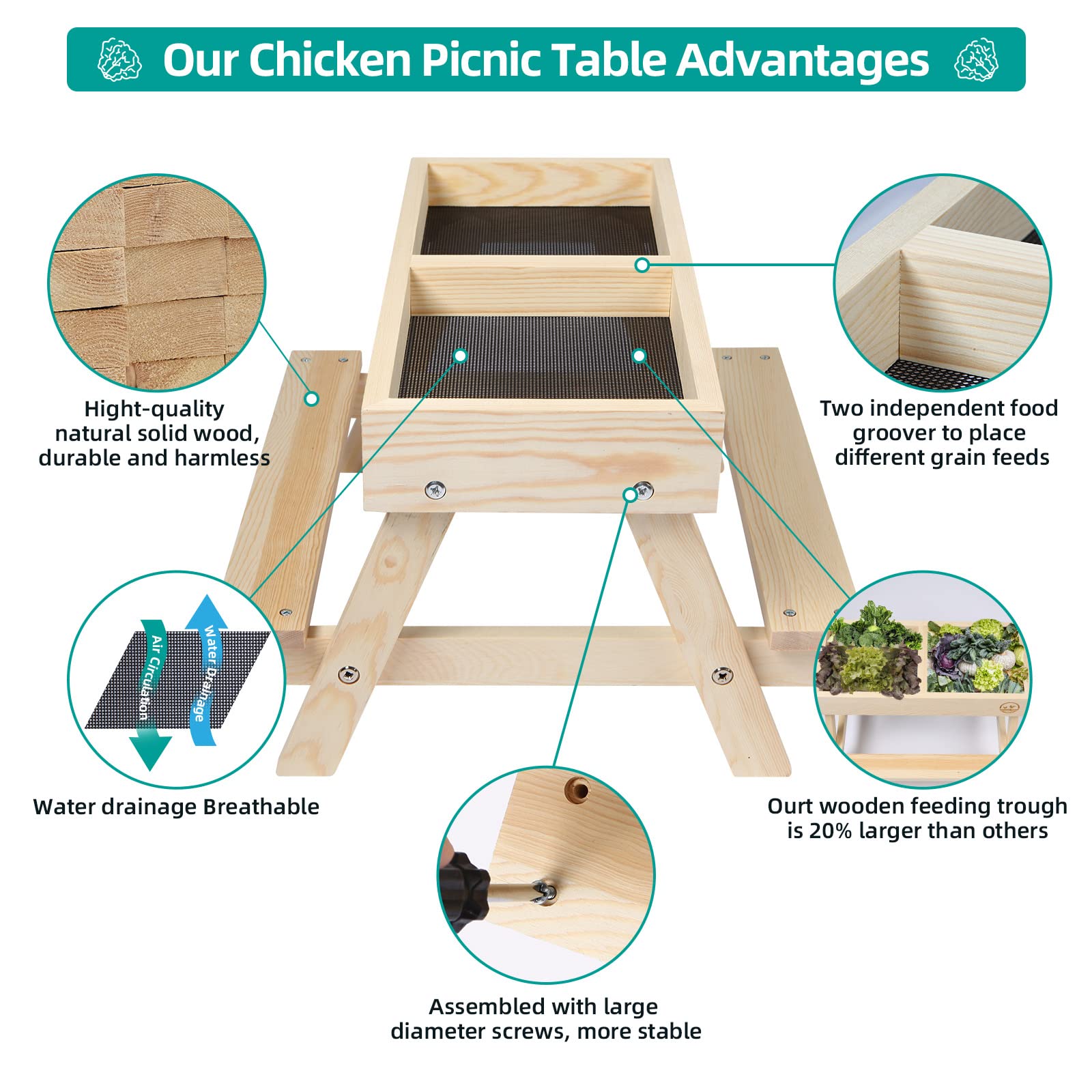 Chicken Picnic Table No Waste, Large Chicken Feeder Handmade Wooden, DIY Chicken Table Feeder Kit, Wild Bird, Duck & Squirrel Feeders No Mess, Mesh Bottom Keep Food Fresh and Dry Easy to Clean Fill - color: Natural Solid Wood