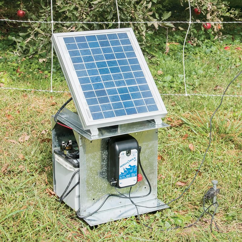 Premier 1 IntelliShock 10 Fence Energizer, Battery Kit, 1.0 Joule | Kit includes 12V leads & ground rod. Auto-adjusts draw 67% on clean fences. Powers 10 sheep/goat net rolls.