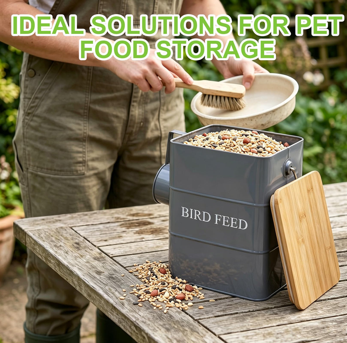Metal Bird Seeds storage container,Outdoor Bird Container Canister, Pet Food Bin with Wooden Lid/Handle/Food scoop,hold 5-6 Lbs of Wild Bird Seed Sunflower Seed-Preventing Squirrels-Gray - color: Gray