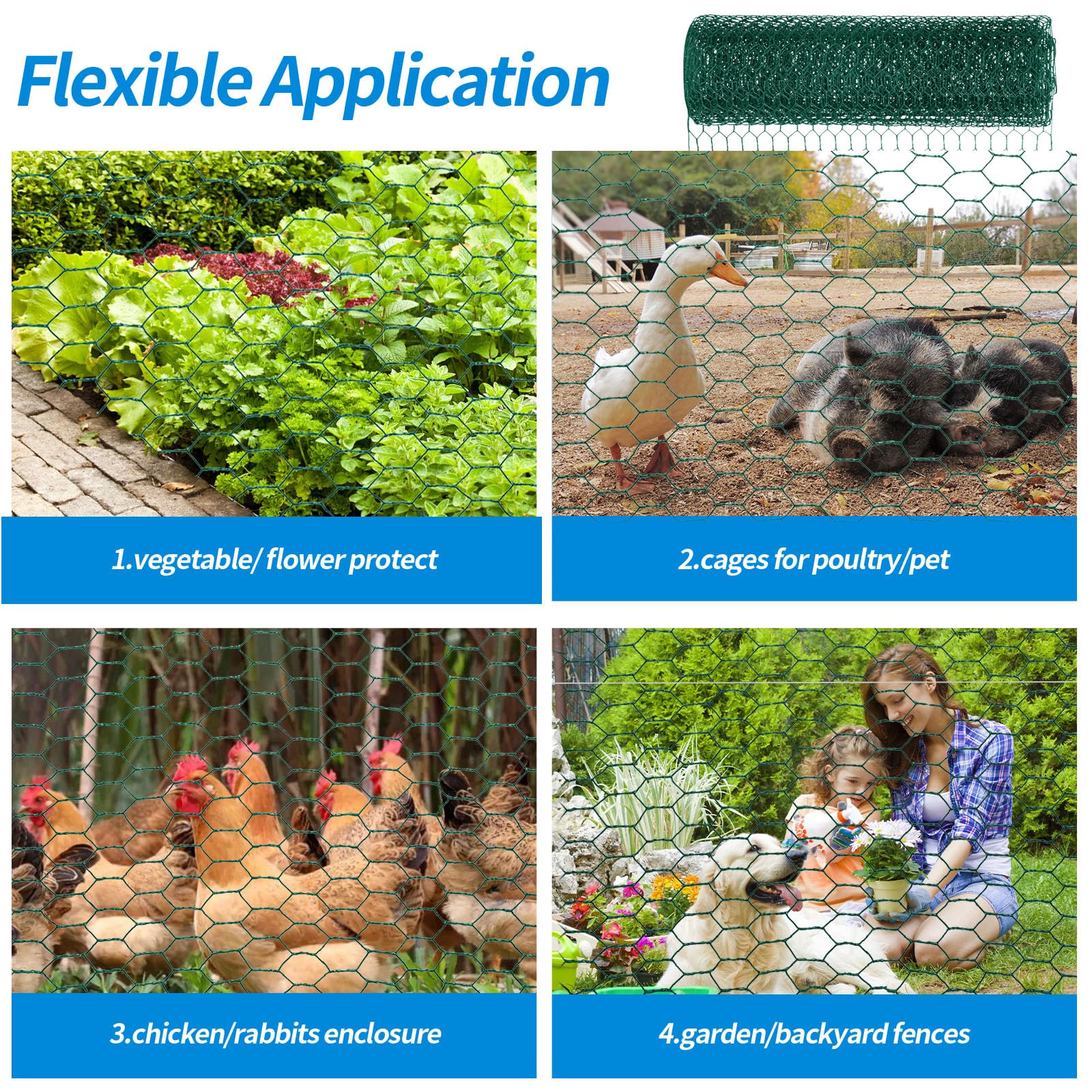 24'' x 150' Green Chicken Wire Fencing, 1 inch Chicken Wire and 19 Gauge Poultry Netting, Garden Mesh Fence Roll for Floral Arrangements/Crafts/Farm/Livestock/Pet Protection - size: Green /19 Gauge 24" x150'